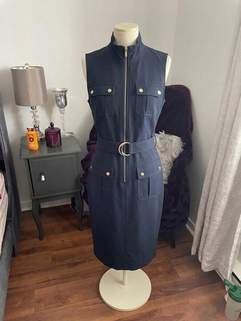Navy Sleeveless Belted Zip-Front Sheath Dress